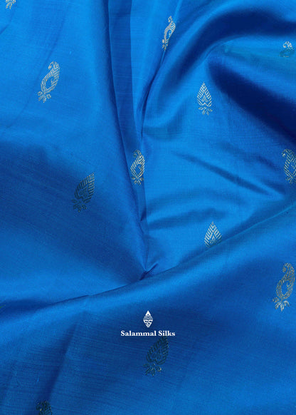 Kanjivaram Peacock Blue Pure Silk Saree With Gold Zari Border