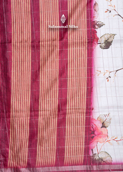 Cream Colour Semi Tussar Saree With Floral Prints & Zari Checks