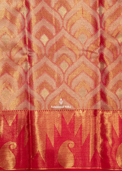 Orange Colour Kanjivaram Pure Tissue Silk Saree with Red Gold Zari Border