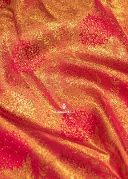 Kanjivaram Tomato Red Colour 2G Zari Pure Silk Saree With Gold Zari Border
