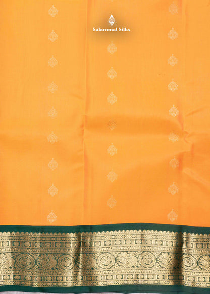 Kanjivaram Mango Yellow Pure Silk Saree With Bottle Green Blouse