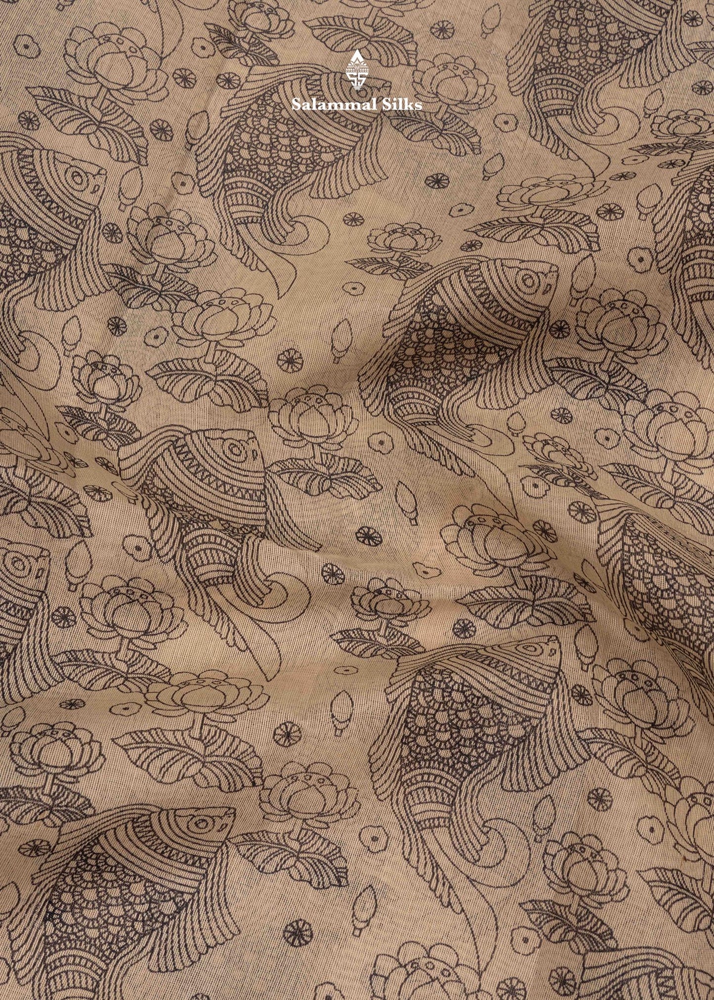 Beige Colour Kalamkari Printed Cotton Mix Saree With Navy Blue Blouse