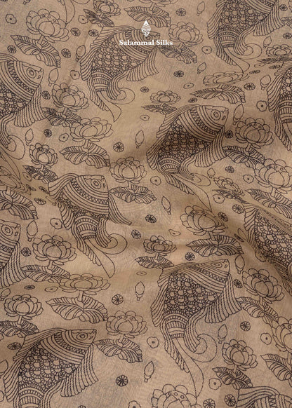 Beige Colour Kalamkari Printed Cotton Mix Saree With Navy Blue Blouse