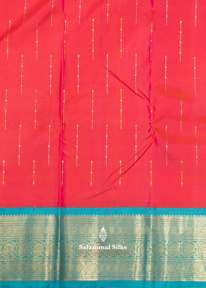 Pinkish Orange Colour Pure Kanjivaram Silk Saree With Sapphire Green Border