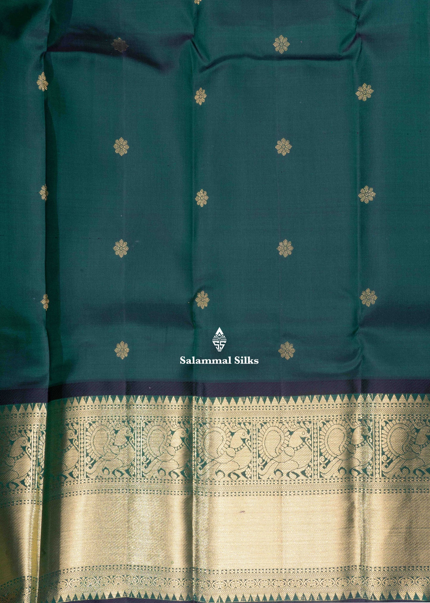 Kanjivaram Bottle Green Pure Silk Saree With Traditional Gold Zari Border