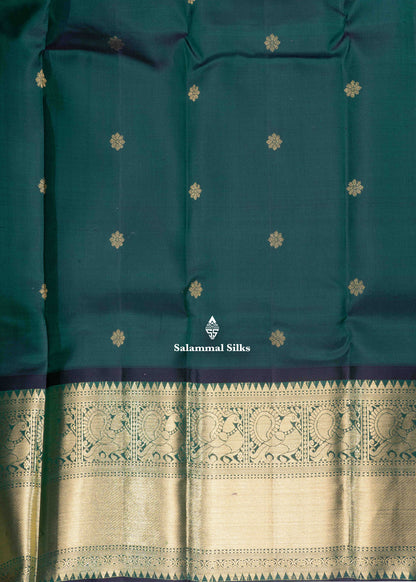 Kanjivaram Bottle Green Pure Silk Saree With Traditional Gold Zari Border