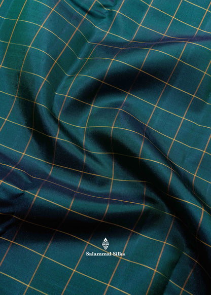 Kanjivaram Bottle Green Checks Pure Silk Saree With Mustard Yellow Border