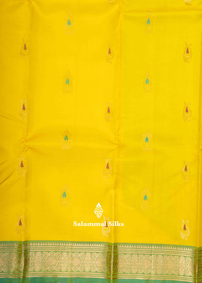 Kanjivaram Yellow Pure Silk Saree With Parrot Green Blouse