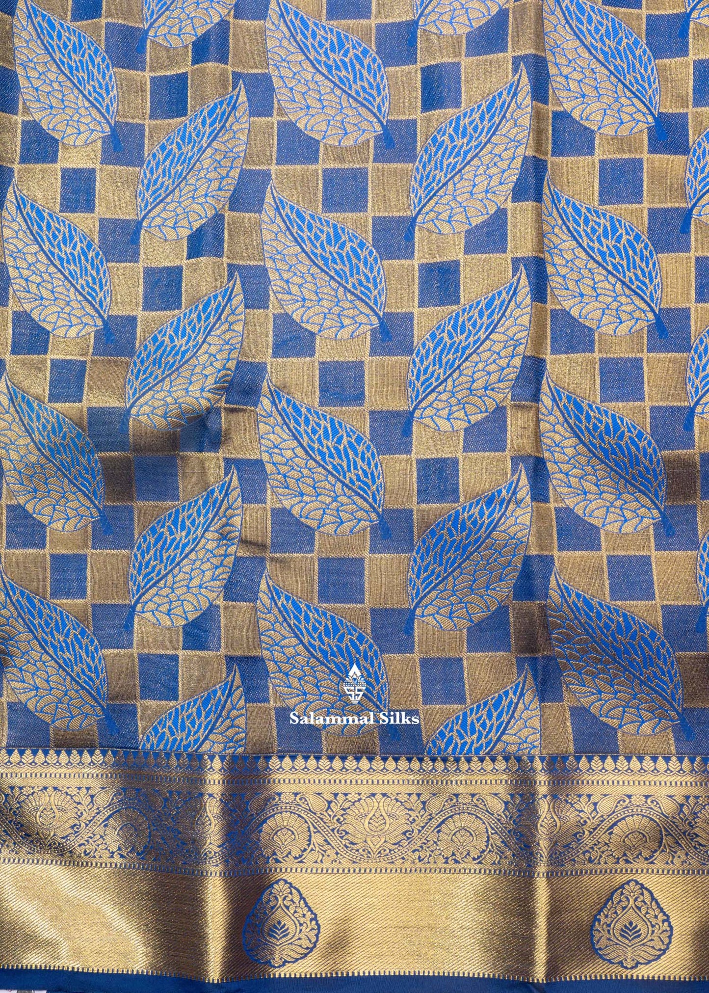 Navy Blue & Gold Colour Checks Semi Silk Saree With Gold Zari Border