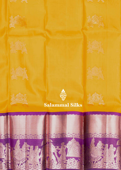 Yellow Color Kanjivaram Pure Silk Saree with Pallakku Fancy Border and Maroon Blouse