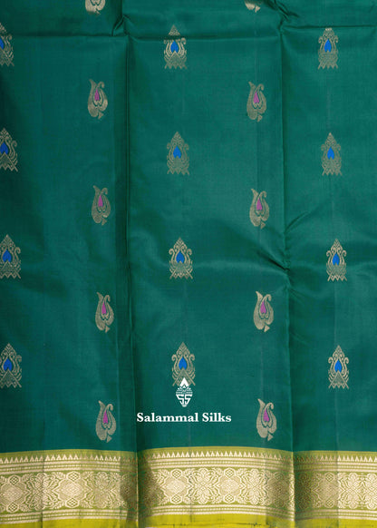 Kanjivaram Bottle Green Pure Silk Saree With Yellow Green Blouse