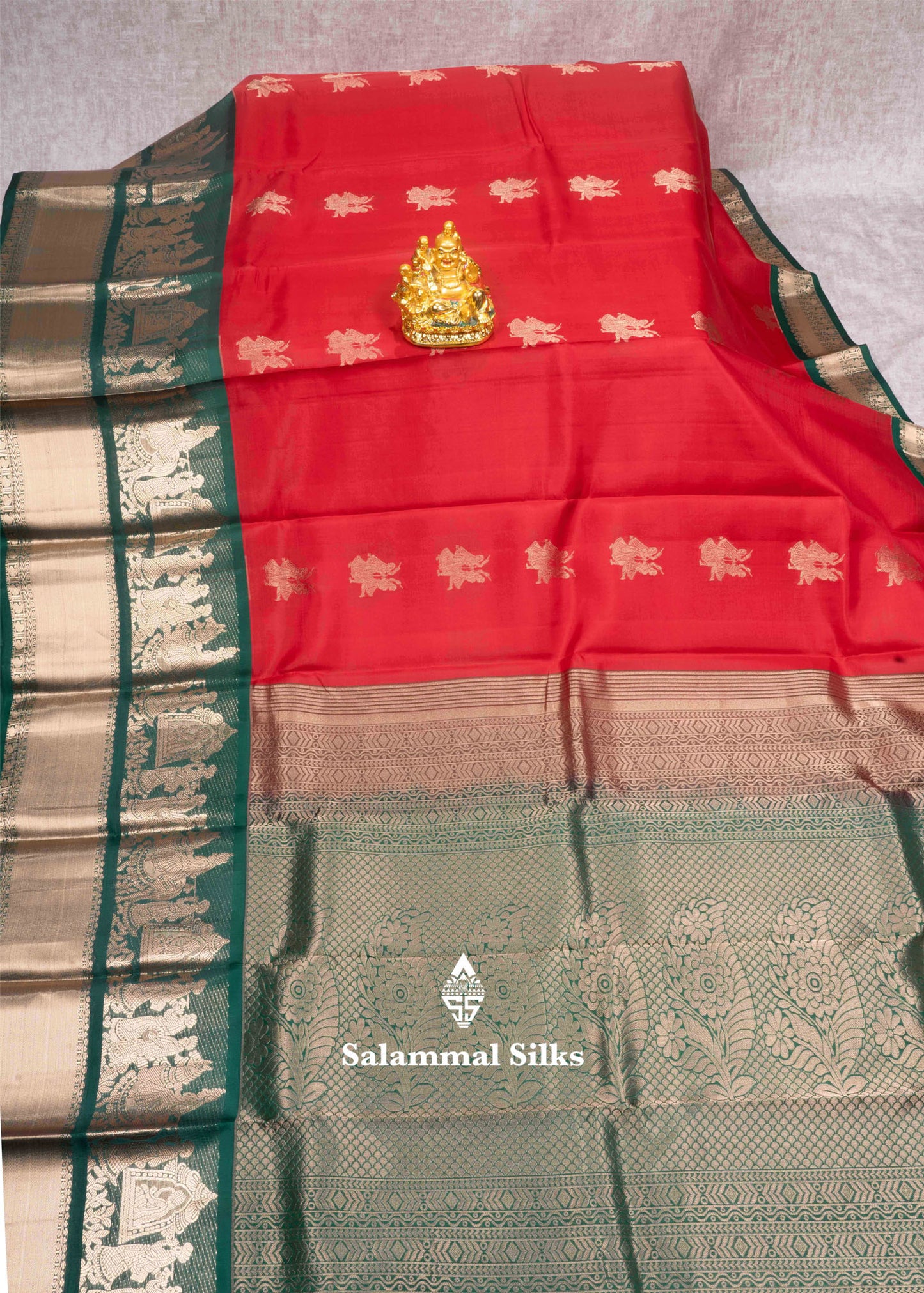 Red Color Kanjivaram Pure Silk Saree with Contrast Green Pallakku Fancy Border