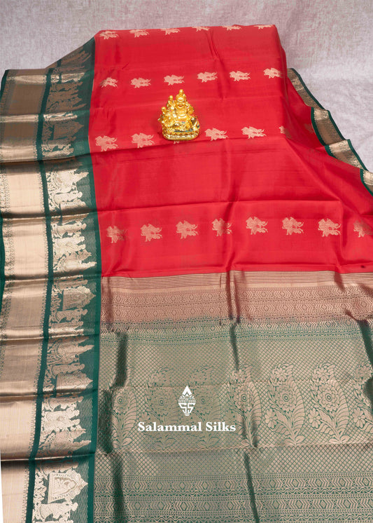 Red Color Kanjivaram Pure Silk Saree with Contrast Green Pallakku Fancy Border