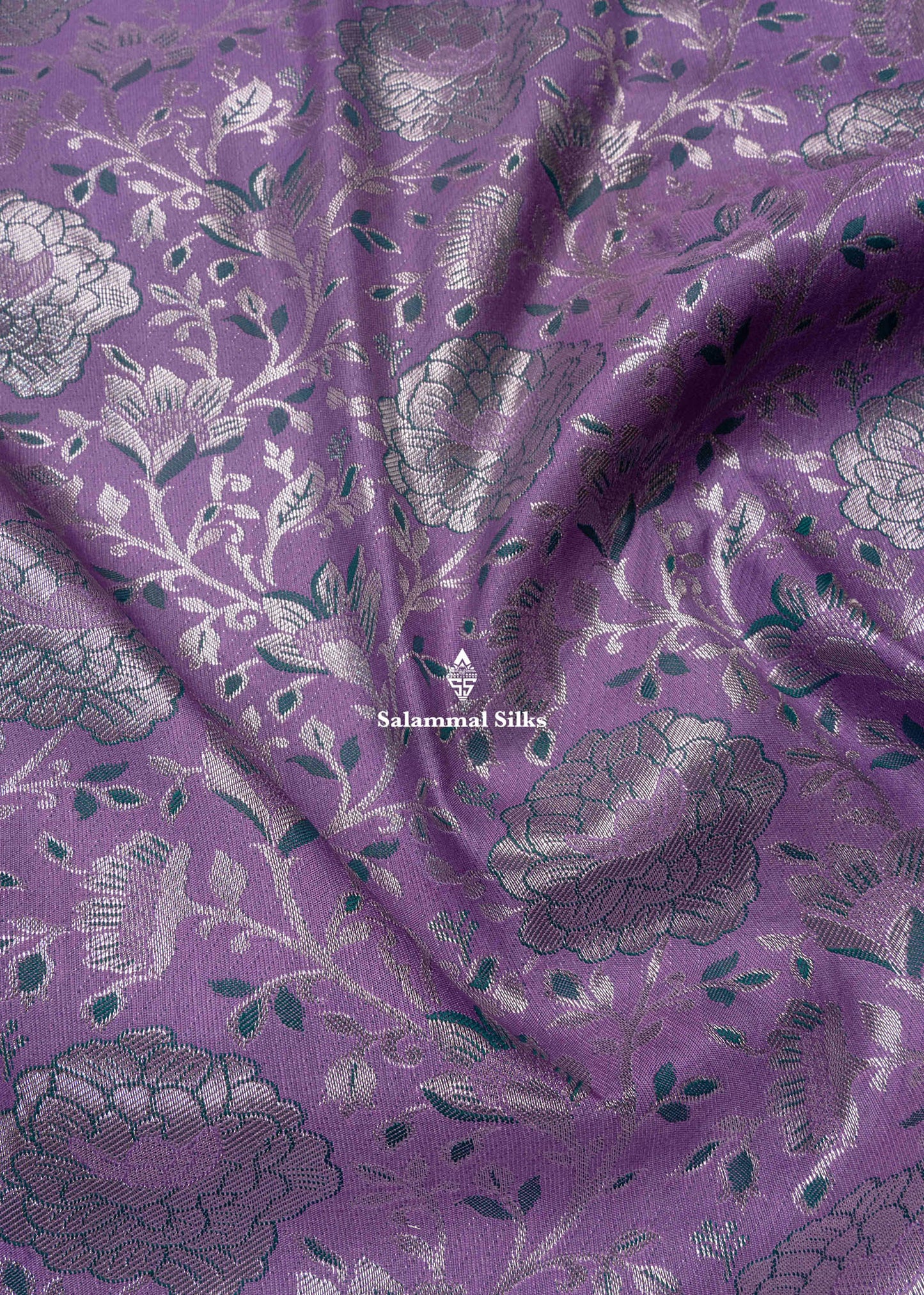 Lavender Semi Silk Saree With Sapphire Green Gold Zari Border