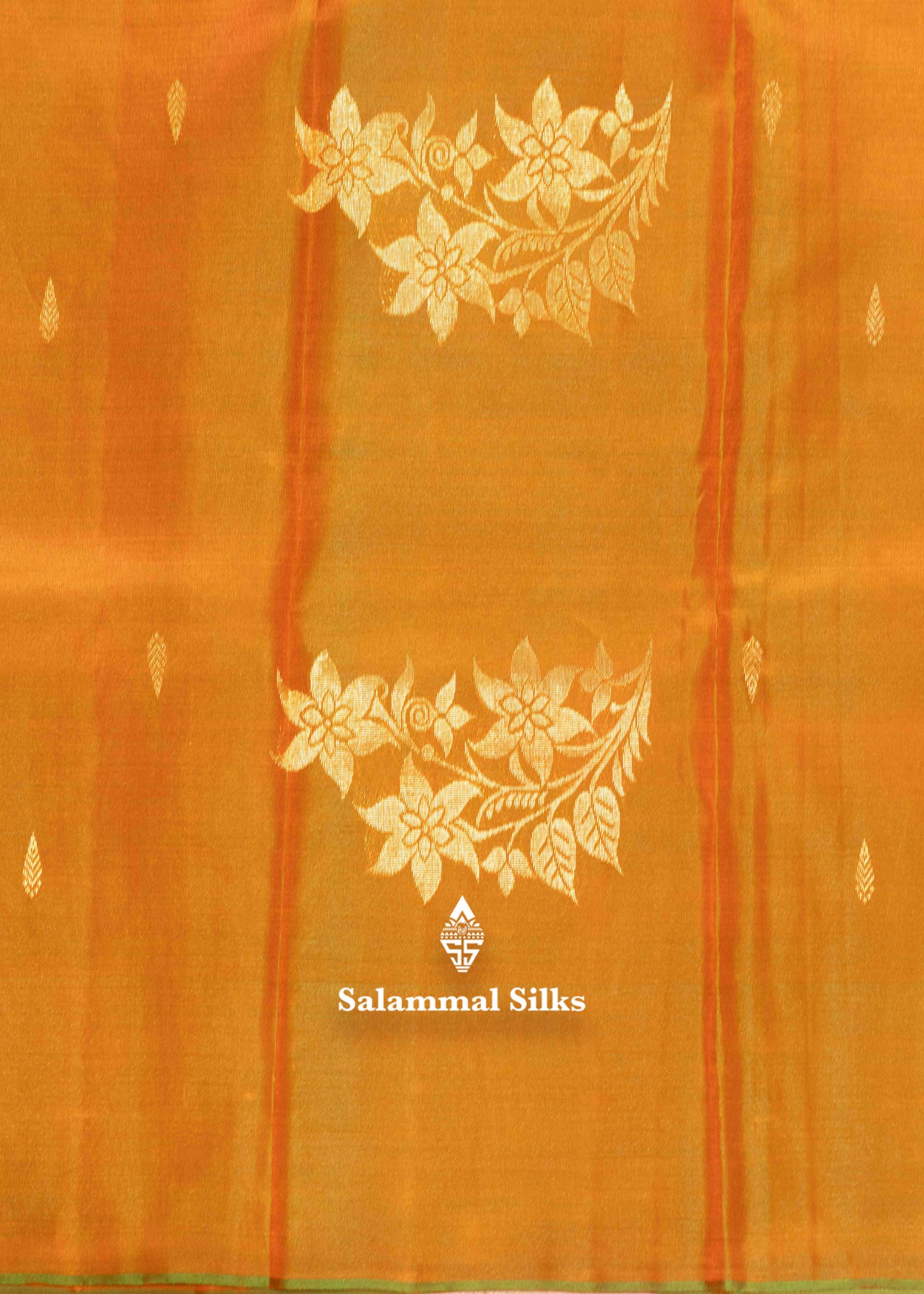 Orange Shade Pure Kanjivaram Silk Saree With Fancy Green Border