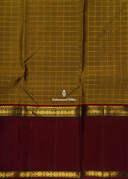 Kanjivaram Olive Mustard Yellow Pure Silk Saree With Traditional Ganga Jamuna Border