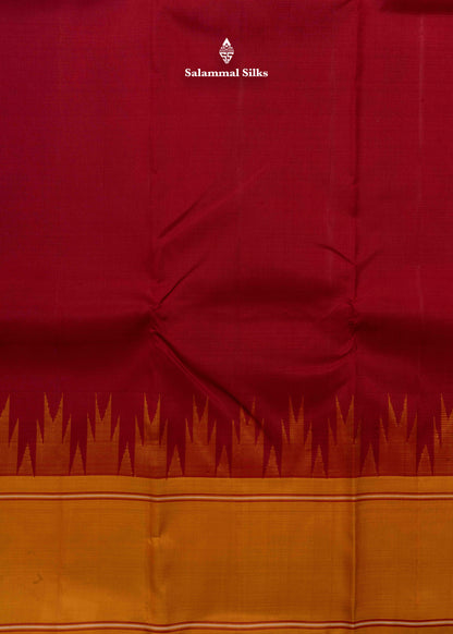 Kanjivaram Maroon Pure Silk Saree With Mustard Yellow Traditional Temple Border