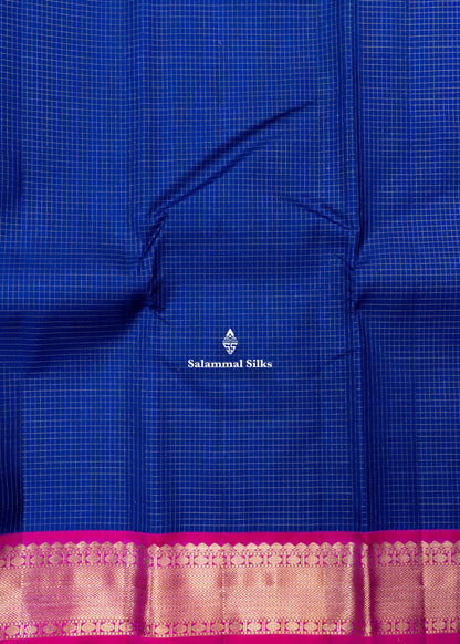 Kanjivaram Navy Blue Vaira Oosi Checks Pure Silk Saree With Pink Blouse