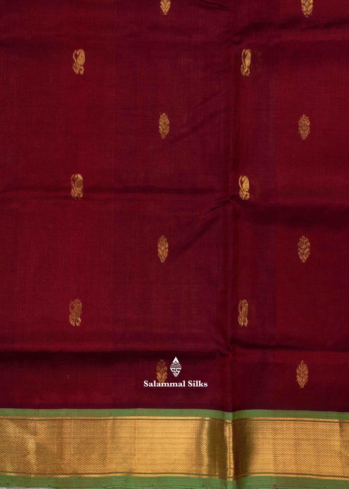 Dark Maroon Pure Silk Cotton Saree With Olive Green Blouse
