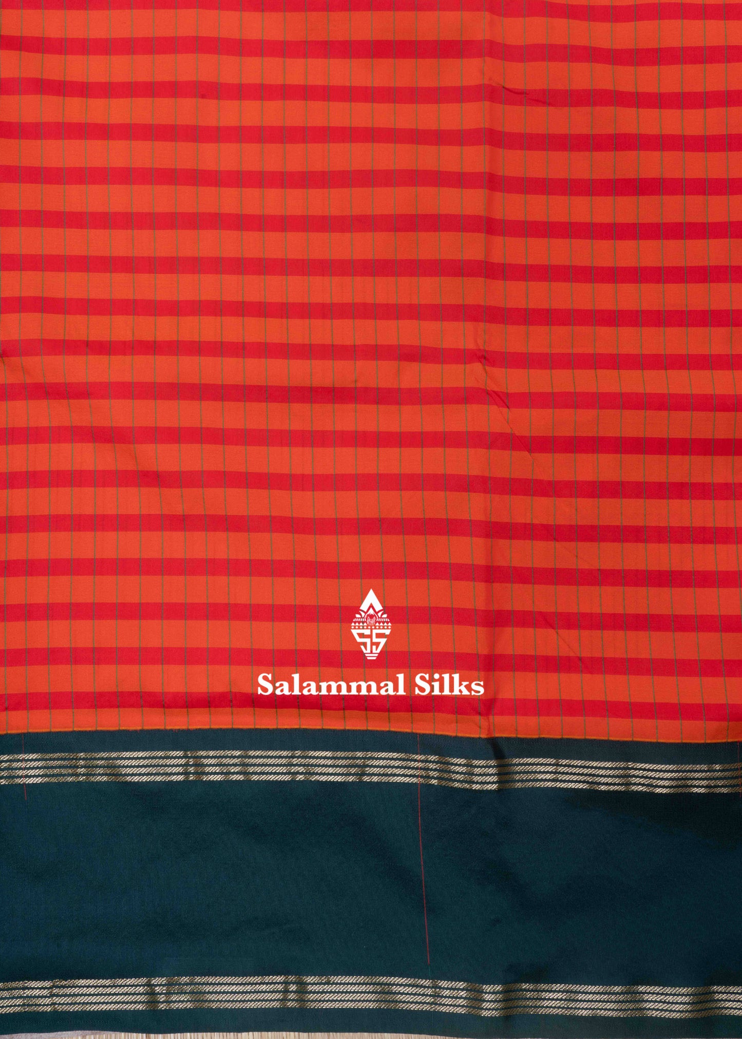 9 Yards Semi Silk Saree Orange & Red Colour with Bottle Green Double Border