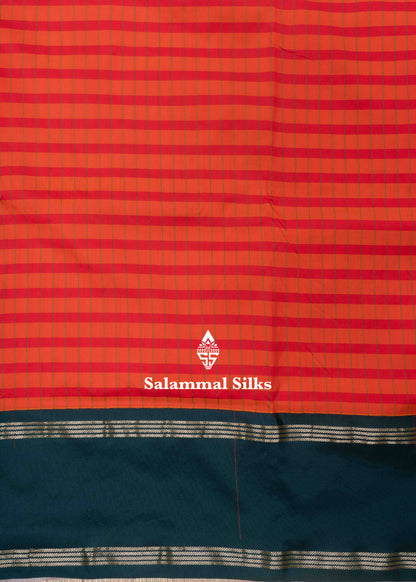 9 Yards Semi Silk Saree Orange & Red Colour with Bottle Green Double Border