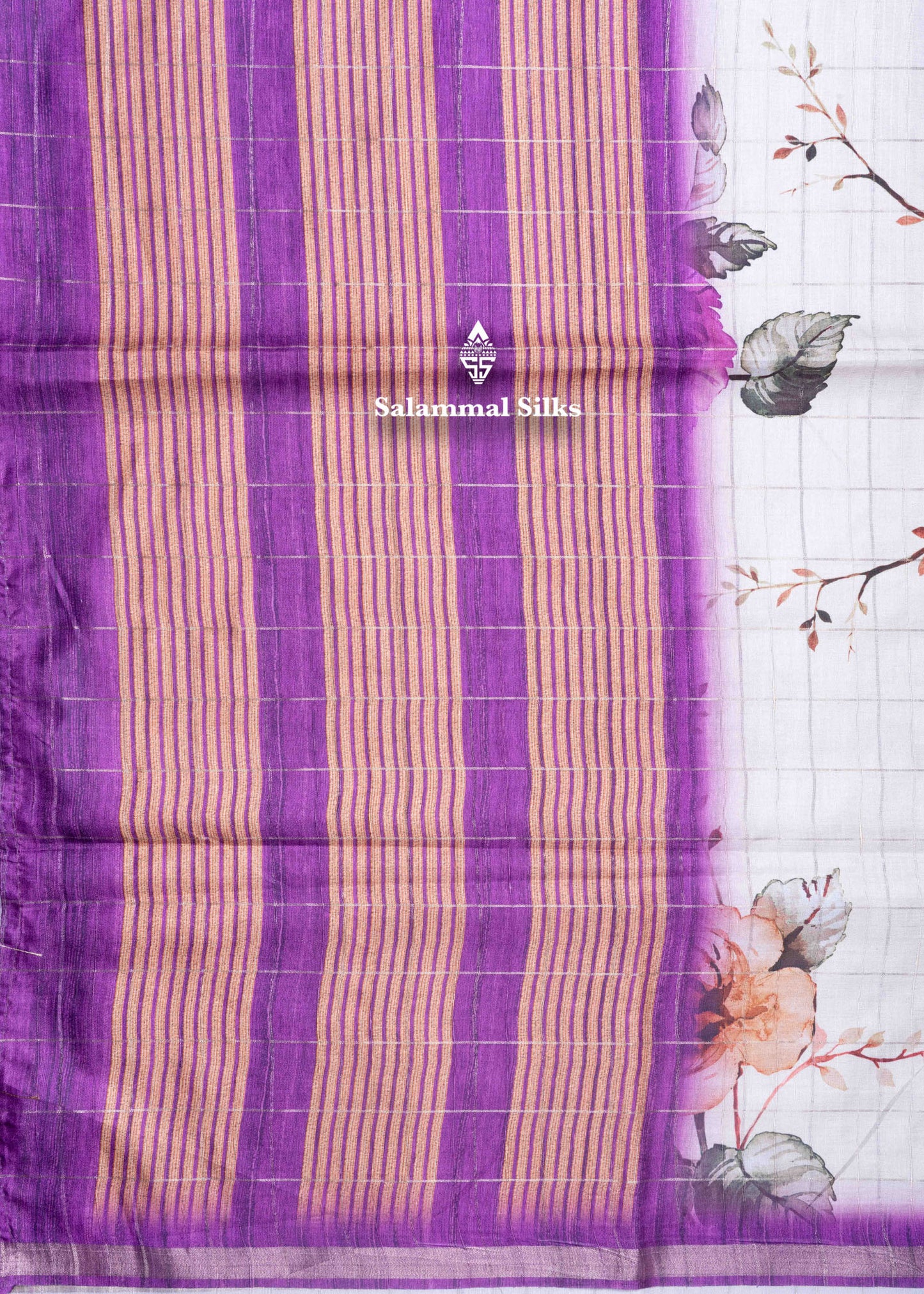 Cream Colour Semi Tussar Saree With Floral Prints & Zari Checks