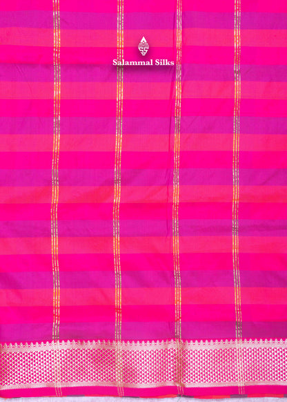 Paalum Pazham Checks 9 Yards Semi Silk Saree with Gold Zari (3 Inch) Border