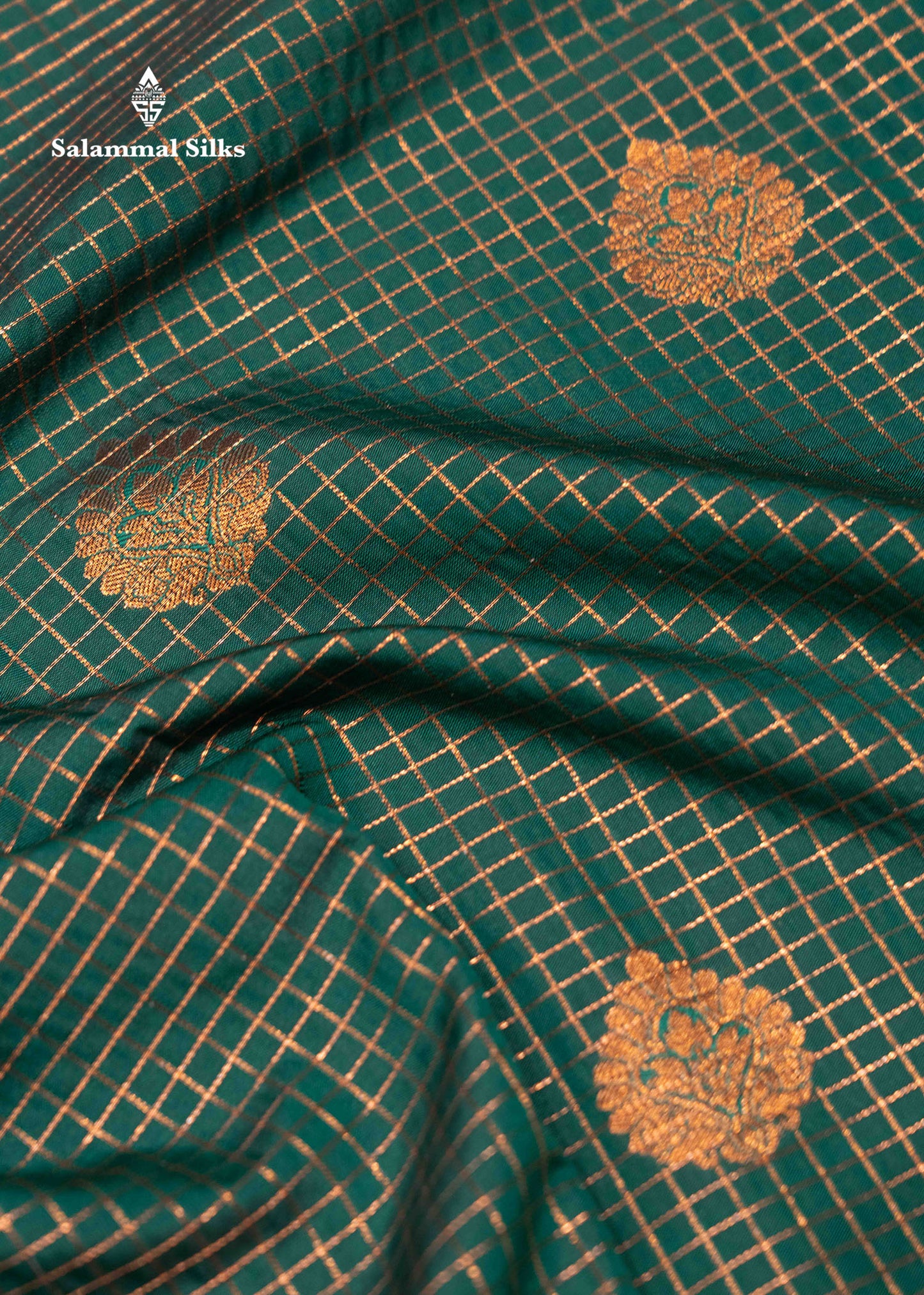 Bottle Green Colour Small Checks Semi Silk Saree With Copper Zari Border