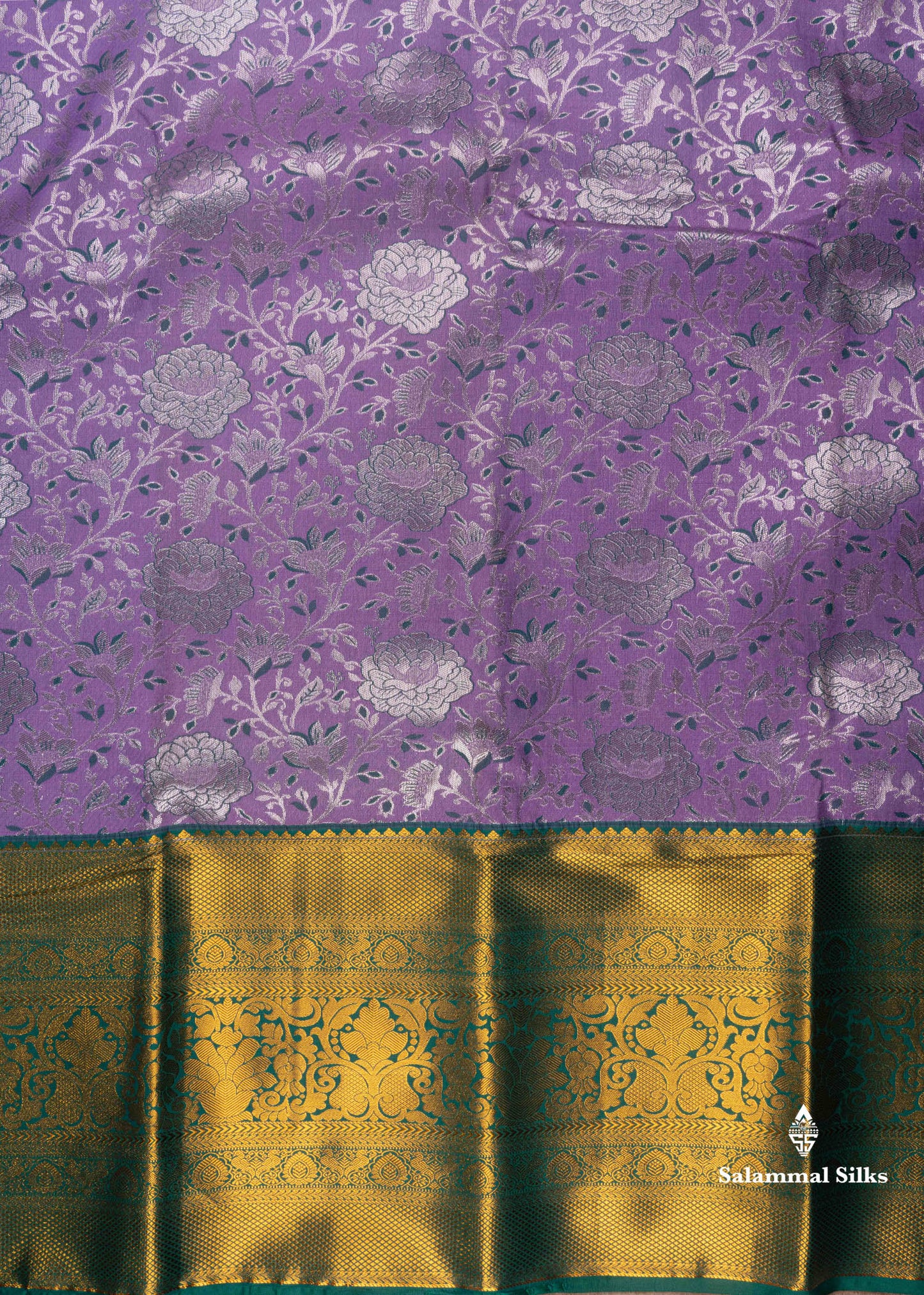 Lavender Semi Silk Saree With Sapphire Green Gold Zari Border