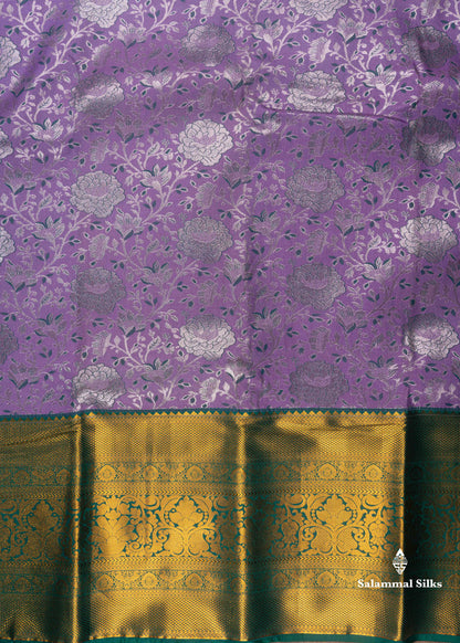Lavender Semi Silk Saree With Sapphire Green Gold Zari Border
