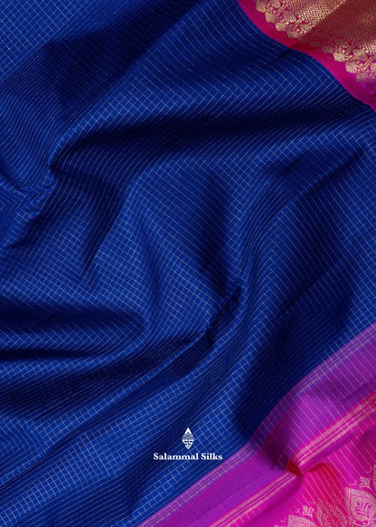 Kanjivaram Navy Blue Vaira Oosi Checks Pure Silk Saree With Pink Blouse