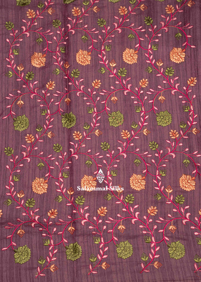 Violet Colour Semi Tussar Saree With Embroidery Work