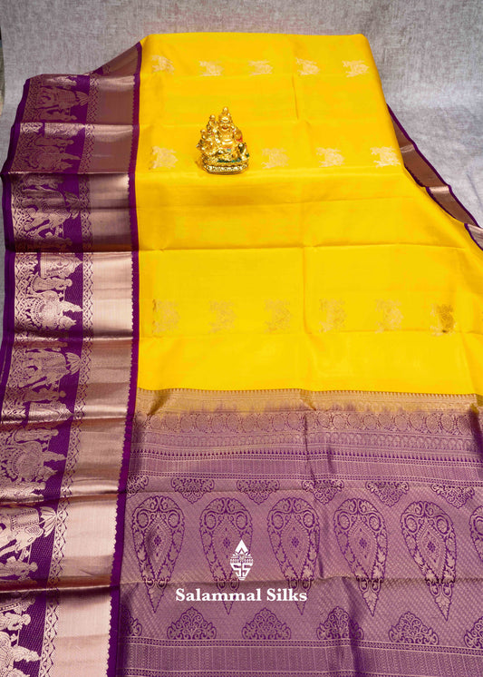 Yellow Color Kanjivaram Pure Silk Saree with Pallakku Fancy Border and Maroon Blouse