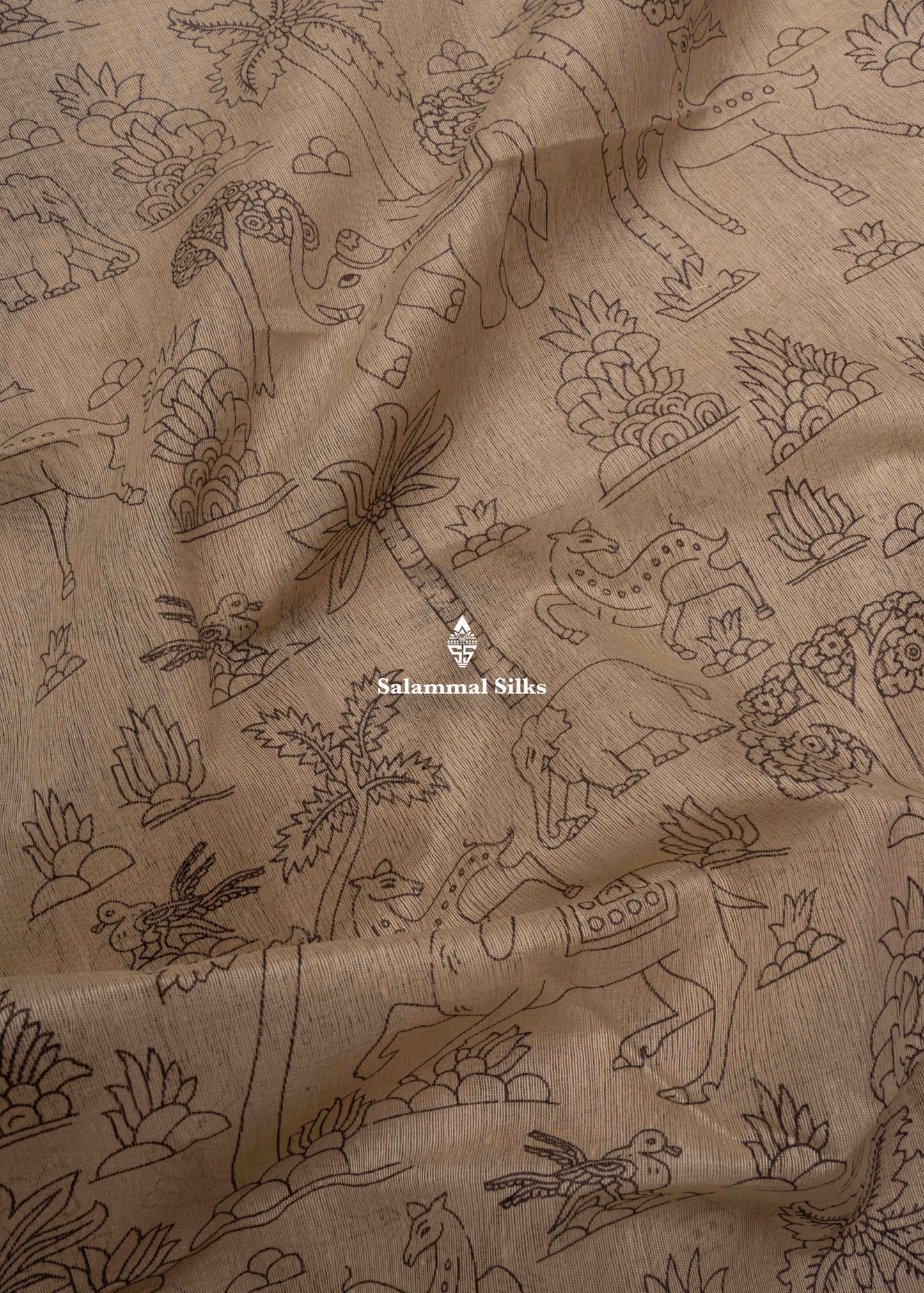 Beige Colour Kalamkari Printed Cotton Mix Saree With Navy Blue Blouse