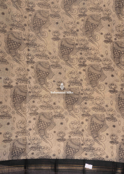 Beige Colour Kalamkari Printed Cotton Mix Saree With Navy Blue Blouse