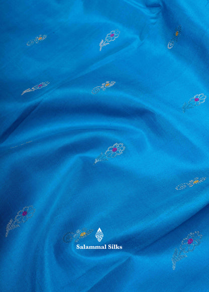 Kanjivaram Light Ramar Blue Pure Silk Saree With Olive Blue Blouse