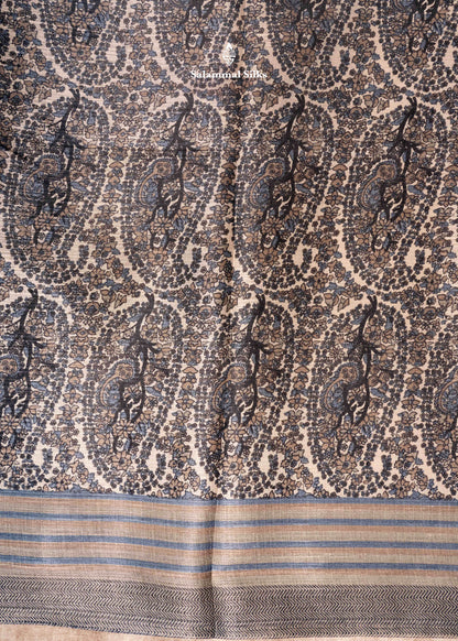 Ink Blue Colour Floral Design Semi Tussar Saree With Blouse