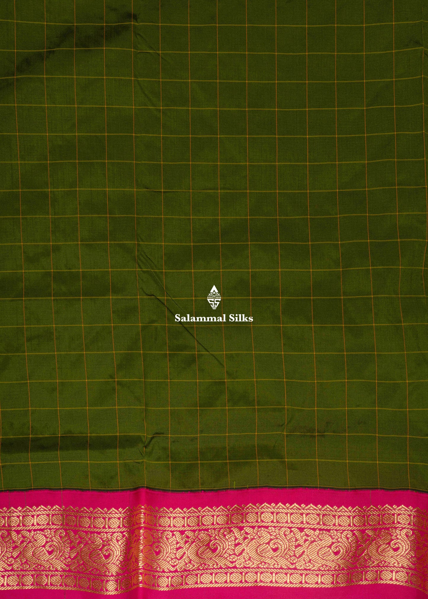 9 Yards Semi Silk Saree Army Green Colour with Pink Border