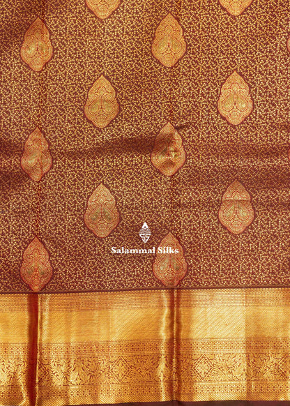 Dark Brown Colour Kanjivaram Pure Silk Saree with Gold Zari Border