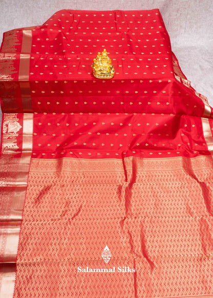 Chilli Red Color Kanjivaram Pure Silk Saree Pallakku Fancy Border & Blouse