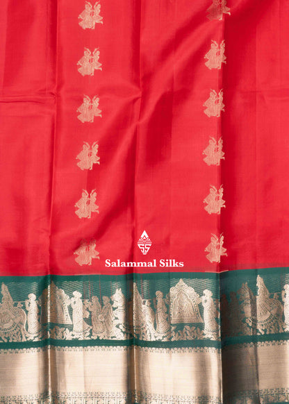 Red Color Kanjivaram Pure Silk Saree with Contrast Green Pallakku Fancy Border