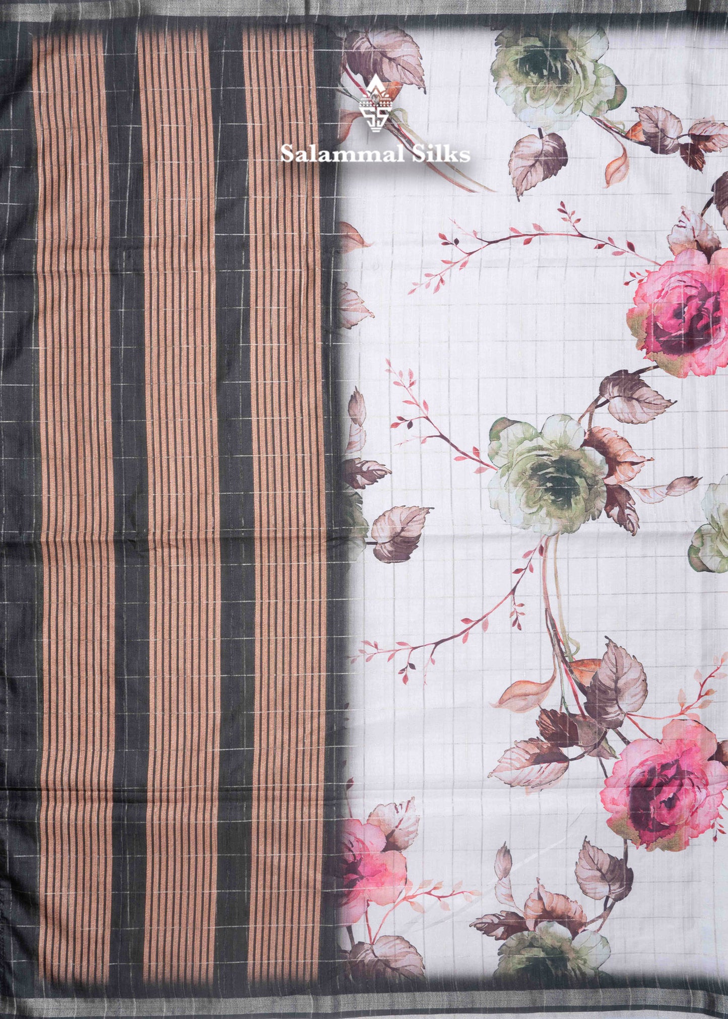 Cream Colour Semi Tussar Saree With Floral Prints & Zari Checks