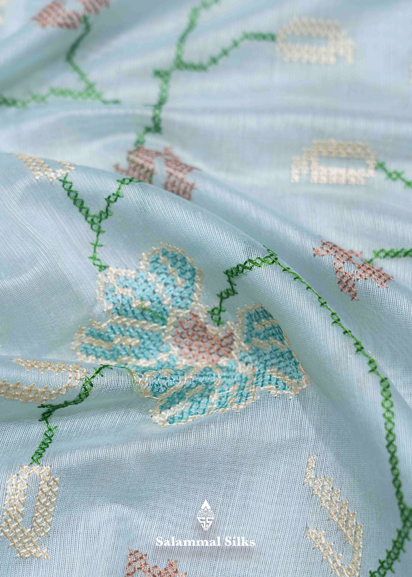 Neon Green Colour Thread Work Cotton Mix Saree With Blouse