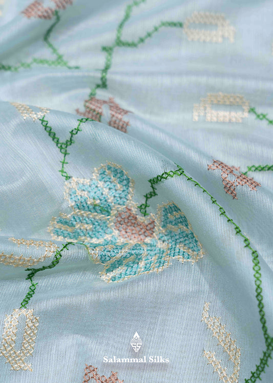 Neon Green Colour Thread Work Cotton Mix Saree With Blouse