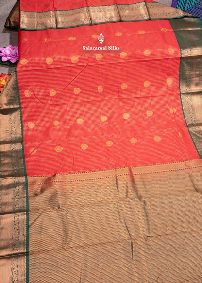 Chilly Red Colour Semi Silk Saree With Copper Zari Bottle Green Border