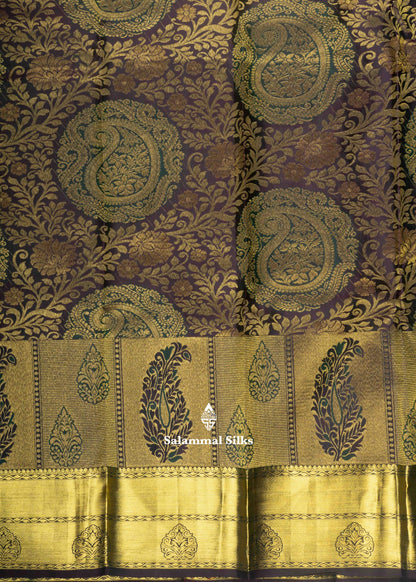 Kanjivaram Brown Pure Silk Jacquard Saree With Bottle Green Blouse