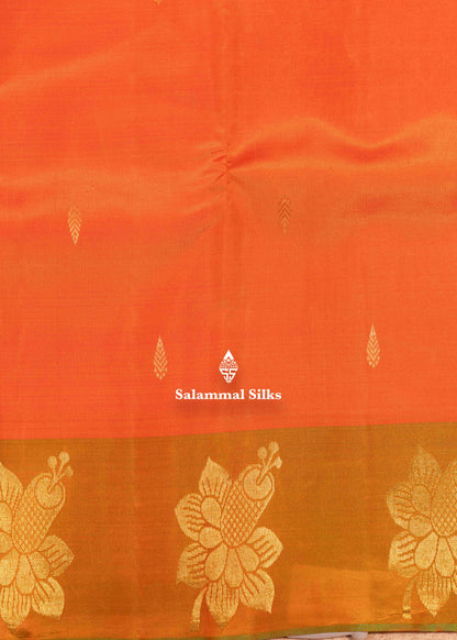 Orange Shade Pure Kanjivaram Silk Saree With Fancy Green Border