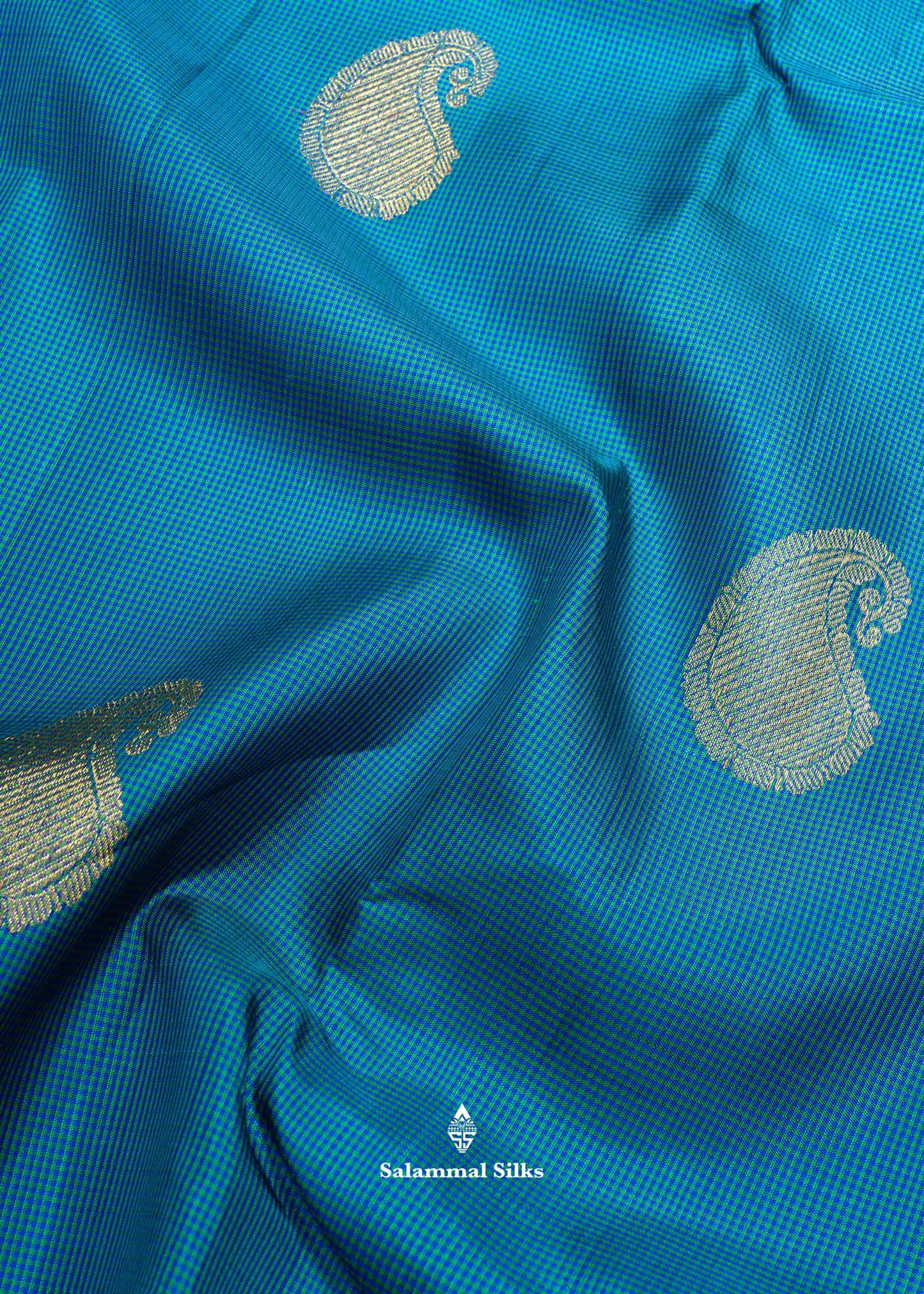 Kanjivaram Tiny Checks Royal Blue & Green Pure Silk Saree With Pink Blouse