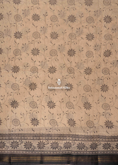 Beige Colour Fancy Cotton Mix Saree With Navy Blue Blouse