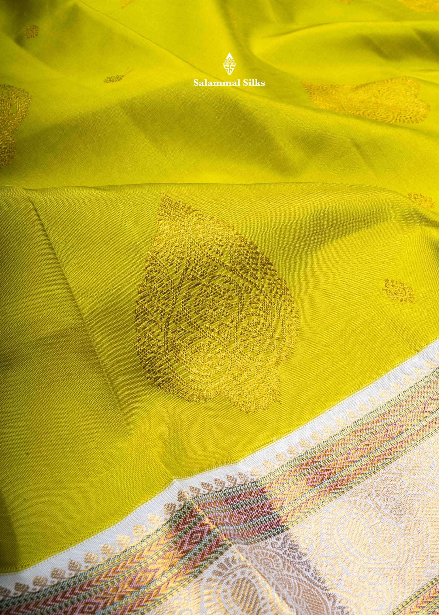 Kanjivaram Manthulir Yellow Pure Silk Saree With Half White Border